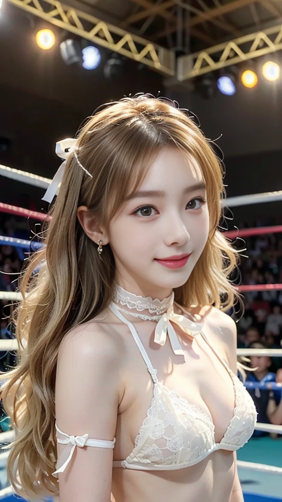 ((masterpiece: 1.4, best quality))+,(ultra detail)+, official art, unity 8k wallpaper, ultra detail, beautiful, high quality, Highlight your cute face,  masterpiece, best quality, Semi-straight medium length hair, Bangs up to the eyebrows, (((In a professional wrestling ring that fills a large indoor stadium.))), (Very light ivory bikini:1.5)), (((bust:1.5))), High exposure,  skinny body,masterpiece, high quality, 8 thousand, beautiful spotlight, no. no. no. no. no. No. 1 girl group idol in Korea, ((vivid:1.5)), ((brown eyes, blonde hair:1.3)), (Small and round breasts:1.2), ((colorful earrings, white neck choker, white short lace gloves)), 18 years old, small face, looking at viewer, (hairpin with larger ribbon:1.4),(skinny abs:1.1), (They look very happy looking at each other :1.5), ((Both cheeks turn red)), Accurately distinguishes between the bodies and limbs of two people.....:1.5
