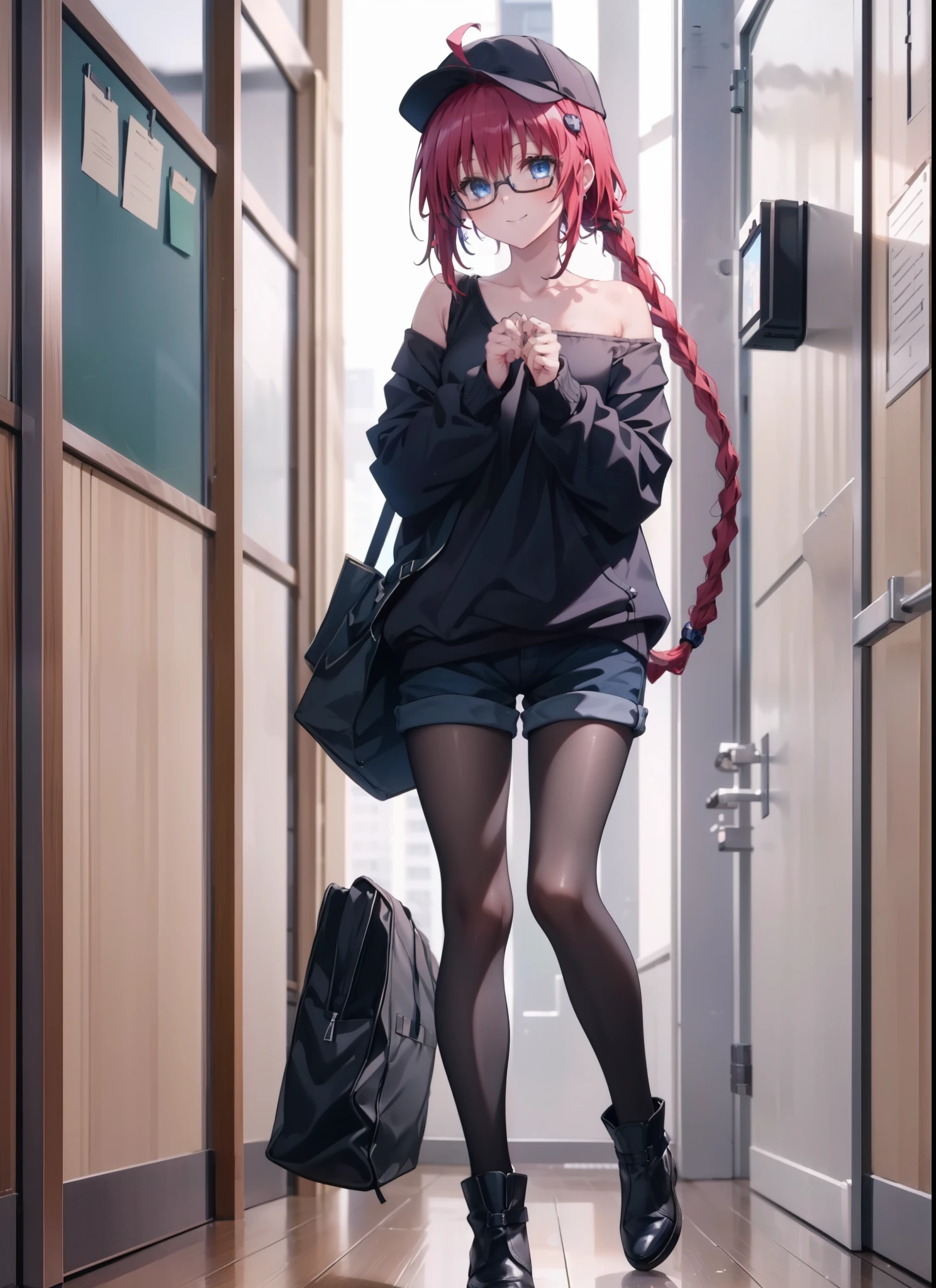 meakurosaki, Meia Kurosaki, Ahoge, blue eyes, Braiding, Hair Intake, hair ornaments, Long braids, Redhead,Baseball hats,smile,Oversized one-shoulder sweater,Shorts,Black pantyhose,short boots,Walking,Glasses,night,moonlight,
break looking at viewer,
break indoors, classroom,
break (masterpiece:1.2), Highest quality, High resolution, unity 8k wallpaper, (figure:0.8), (Beautiful attention to detail:1.6), Highly detailed face, Perfect lighting, Highly detailed CG, (Perfect hands, Perfect Anatomy),