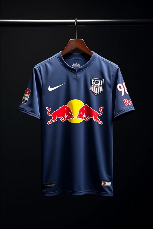 Make a football shirt on the left side is printed Nike and on the right side 9B on a hanger with black background,  with a Redbull printed design 