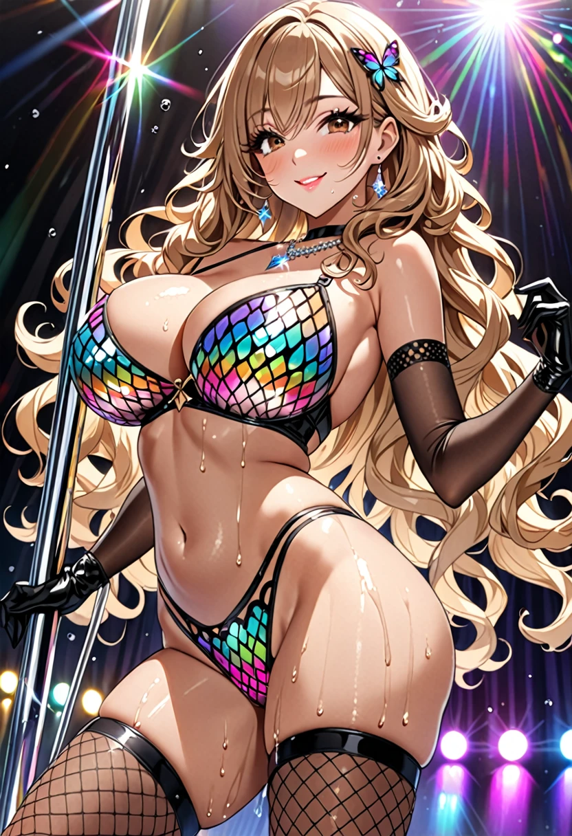 (Highest quality, Ultra-high resolution、The most complex and detailed depiction、masterpiece、8k, RAW Photos, Best image quality、Very detailedな顔、Attention to detail、Beautiful woman、Realistic、photo-Realistic、Very detailed, Beautiful attention to detail:1.5),(One adult woman:1.3)、(blush)、(Gal-style makeup、mascara 、eyeshadow、Dark eyeliner、Long and beautiful eyelashes、False eyelashes、double eyelid、heavy makeup、hostess、Brown eyes、:1.5),(A bra with a pale rainbow gradient erfly pattern、Light rainbow gradient butty pattern panties:rgeous jeweled necklace、Gold bracelet、A gorgeous gold tiara studded with jewels、Sheer black lace dress、Mesh fabric、Fishnet tights,(Black opera gloves)、(A seductive smile),(under boob、Huge breas.2)、(Cleav)、(((Light broWavy Hair、Long Hair)))、elongated nose、Face with gills、(Very tanned and shiny skin、Perfect Style,sexy)、Saggy breasts、Large saggy brts、((Sweat、Yy is wet))、((Dim Cludance))、(Mirror ball)、Sleepy face