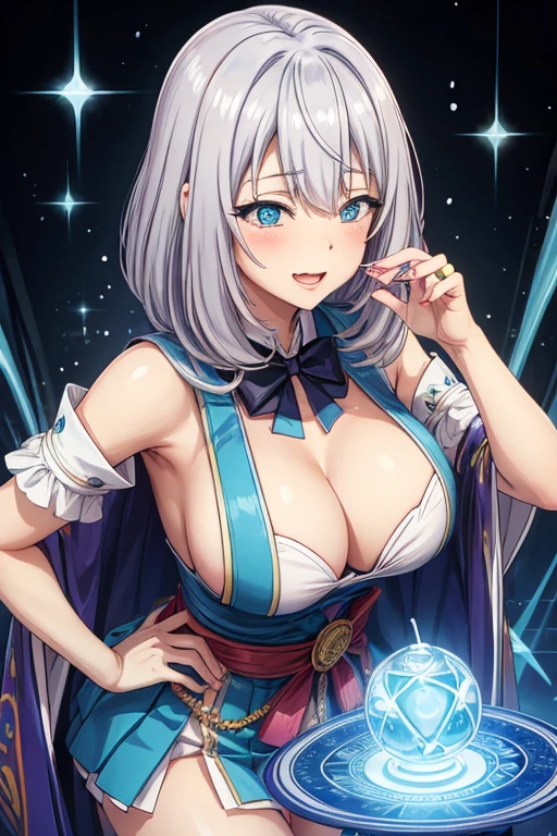 Magical senpai, beautiful, sexy, hot, doing a magic trick, wearing her traditional outfit