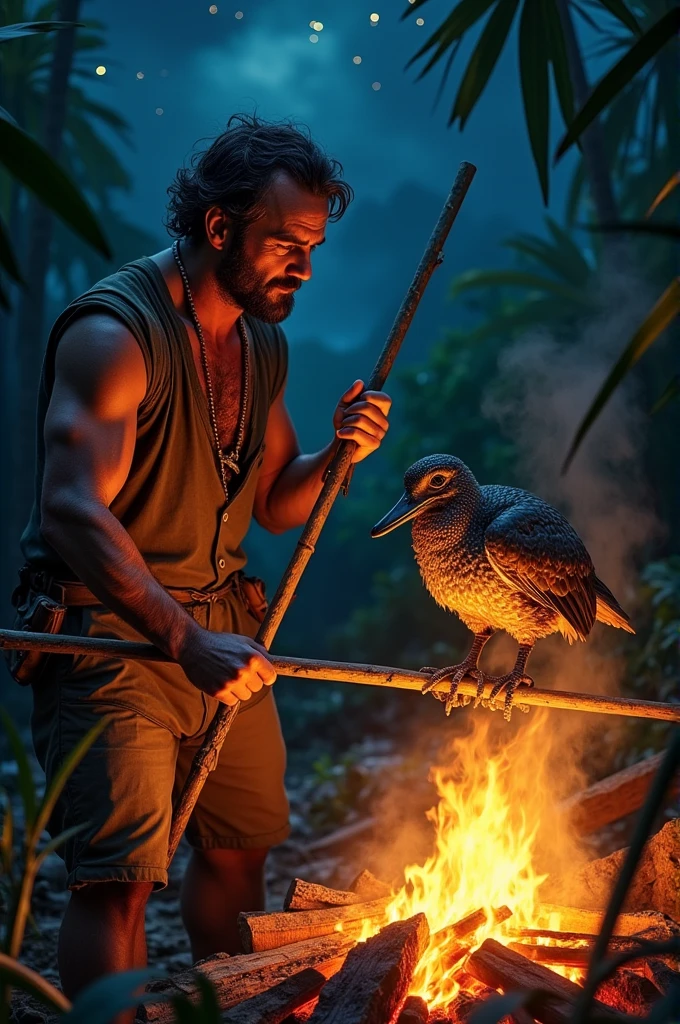 Man roasting a dodo over a bonfire