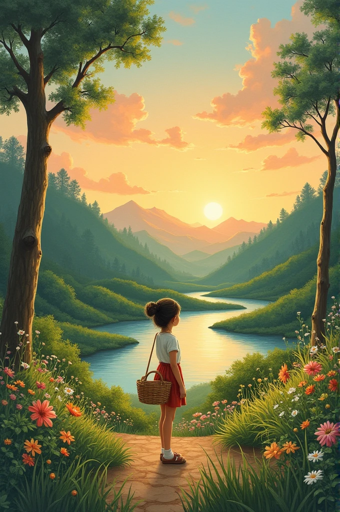Easy Canvas painting, medium size, Sunset, clouds, grass, plants, large trees, river, little mountains, hut, hand painting look, a girl on left side in a flower garden with a basket in hand, soft colors