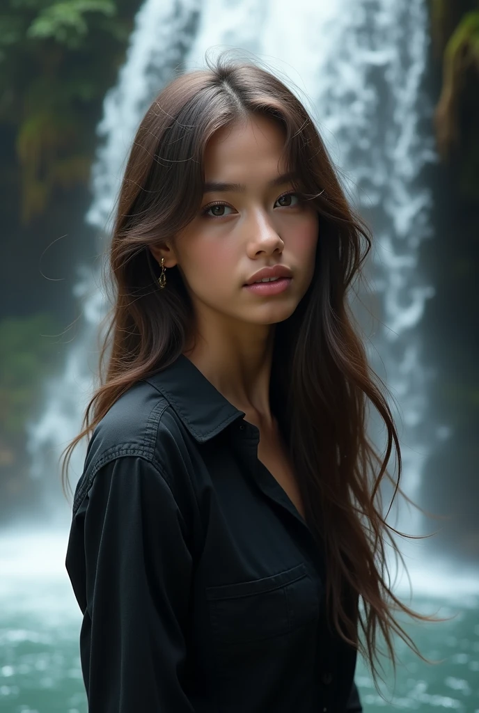 A beautiful young lady taking selfie by herself with a beautiful waterfall as background.she wears black shirt and her long hair are so beautiful.head to chest style photo.photorealism:1.2