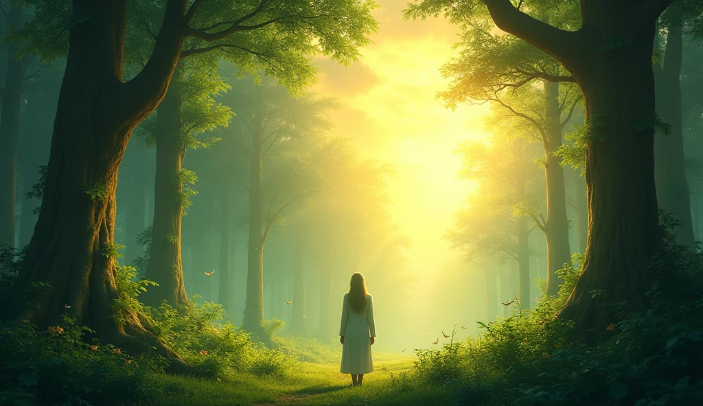 in the forest, Bright sunlight, Long distance, Gorgeous forest, cloudy, alone, ethereal, Animals in the scenery