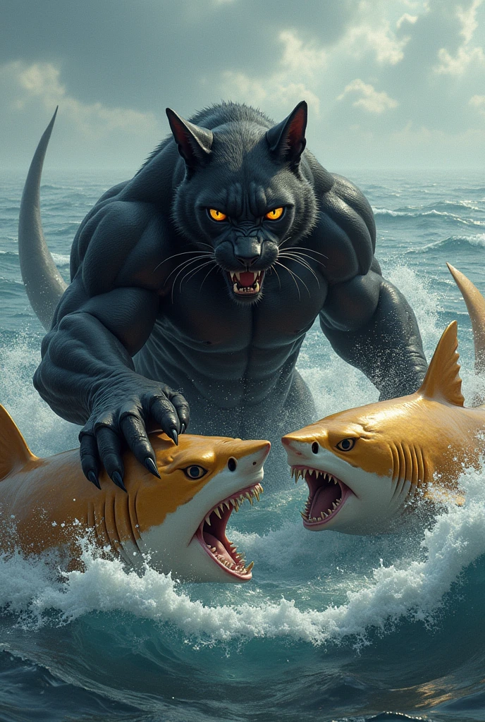  big black muscular cat kill two huge golden shark