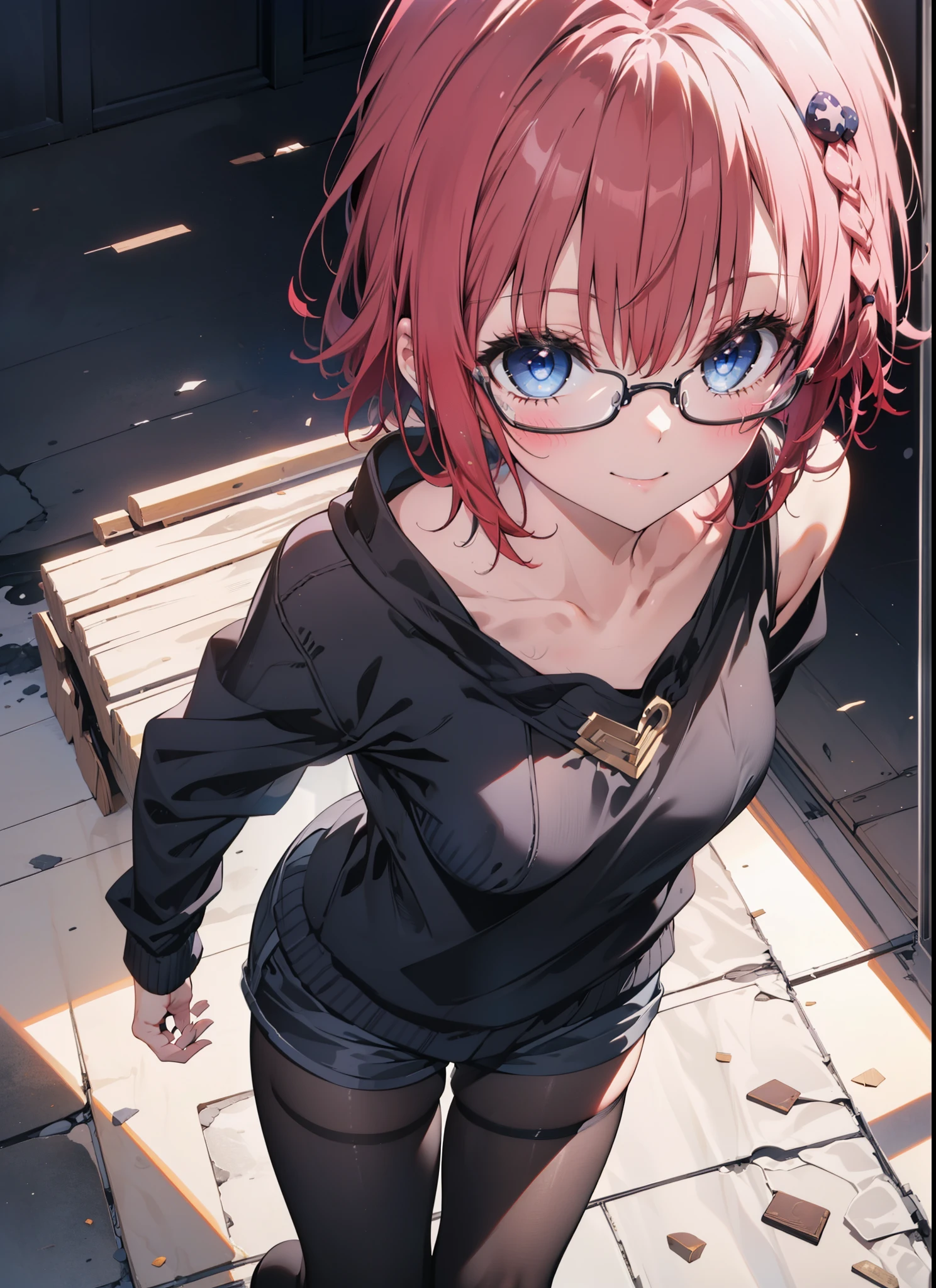 meakurosaki, Meia Kurosaki, Ahoge, blue eyes, Braiding, Hair Intake, hair ornaments, Long braids, Redhead,smile,Oversized one-shoulder sweater,Shorts,Black pantyhose,short boots,Walking,Glasses,night,moonlight,whole bodyがイラストに入るように,
break looking at viewer,whole body, (Cowboy Shot:1. 5),
break outdoors, In town,
break (masterpiece:1.2), Highest quality, High resolution, unity 8k wallpaper, (figure:0.8), (Beautiful attention to detail:1.6), Highly detailed face, Perfect lighting, Highly detailed CG, (Perfect hands, Perfect Anatomy),