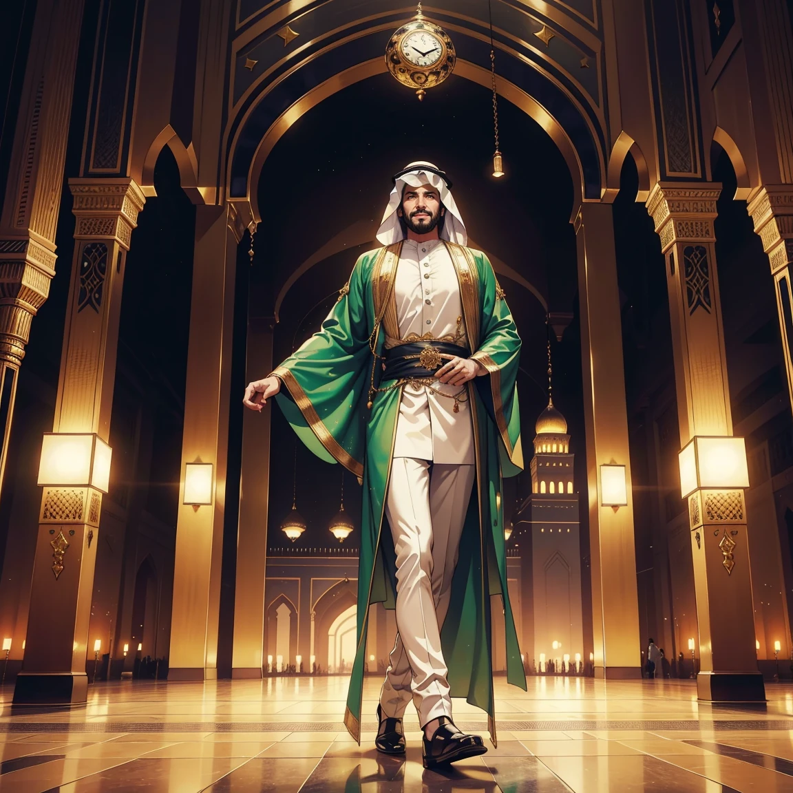 a smiling saudi man in traditional saudi attire, full body shot, looking at camera with a challenging gaze, cinematic background with saudi landmarks such as clock tower, masjid al-haram, and masjid al-nabawi, (best quality,4k,8k,highres,masterpiece:1.2),ultra-detailed,(realistic,photorealistic,photo-realistic:1.37),extremely detailed face and eyes, highly detailed traditional saudi clothing, cinematic lighting, vivid colors, intricate background details