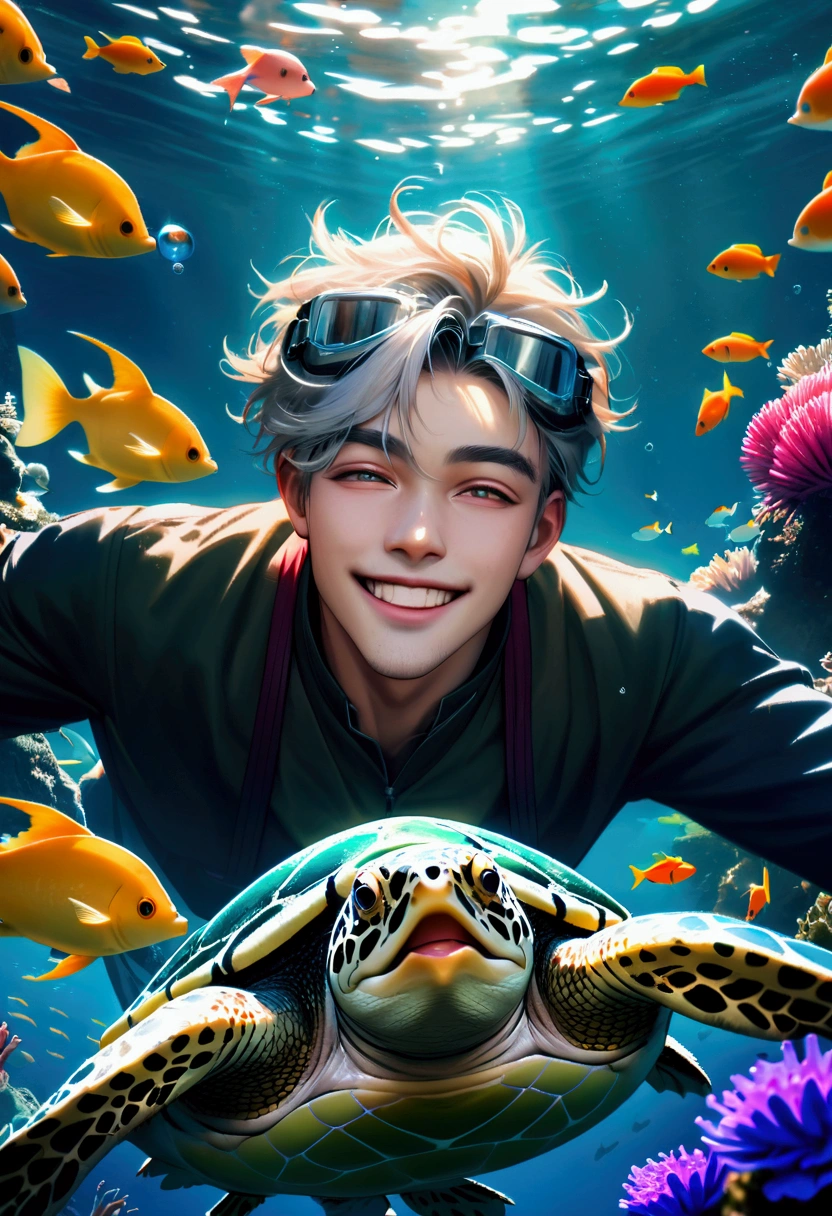 A photograph depicting an adorable, happy young Japanese-Irish realistic handsome man 20 yo with gradient silver hair, smart body,wearing goggles and swimming underwater with a large green turtle, surrounded by colorful fish,Colored sea anemone, colored coraland Bubbles, The man is smiling at the camera, in a dynamic pose with a fun perspective. The image features vibrant colors, detailed skin textures, and cinematic lighting, creating a photorealistic effect
