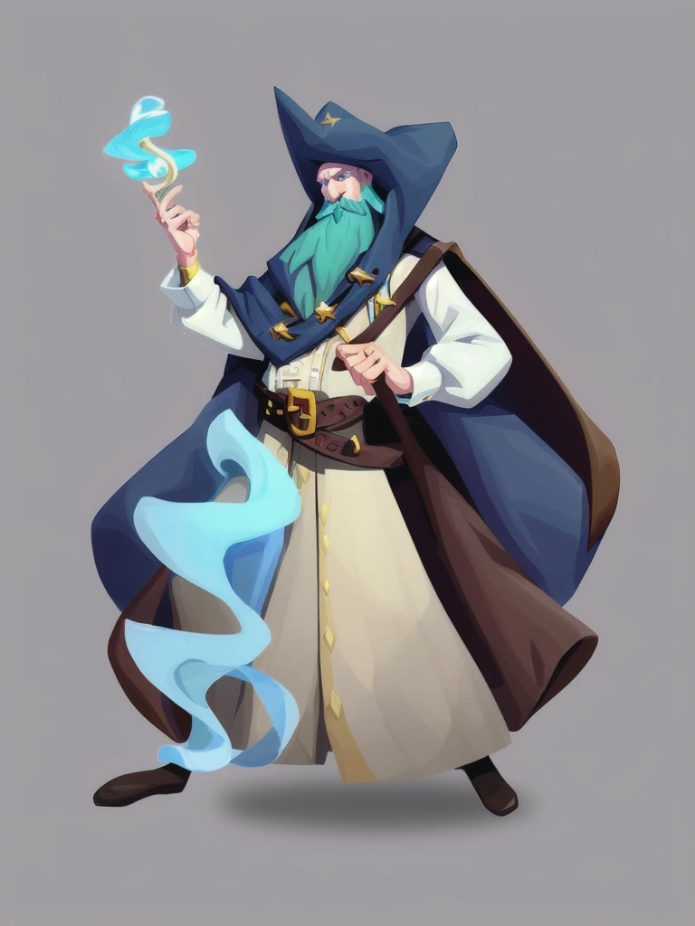 concept art, European and American comics, game character design, RPG Fantasy Game Characters, 1boy, solo, European male in his 30s, Male-centric, Light blue hair, Mustache and beard, Hair length reaches the neck, Wizard Outfit, A light gray outfit, The wizard hat has a brown belt decoration in the middle. The wizard hat looks similar to an explorer's hat. There is a brown leather cover from the shoulder to the chest area. The leather is spread out on both sides of the chest and there are decorative lines connecting both sides in two rows. Wearing brown arm guards on the arms, Holding a wooden stick with a jewel at the end, Wearing a brown belt three times around the waist, The belt has pouches and bags hanging from it. Zoom in on the upper body
