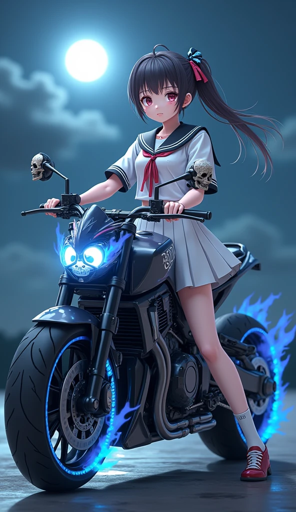 17-year-old Waifu School Girl posando na frente de uma motocicleta futurista, the motorcycle has skulls and blue flames highly detailed 3D graphics, night scenery with full moon in the background, she is wearing a  White SchoolUniform with 3D skulls and flames and Sailor Miniskirt, Pantyhose, HDR, epic realism, high-octane rendering, obra de arte,
