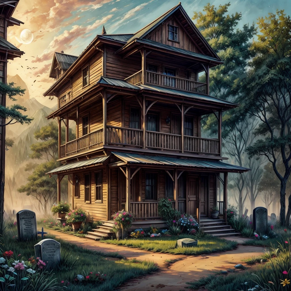 Old Western-style building,Grave,There's likely to be zombies,background,Brutal