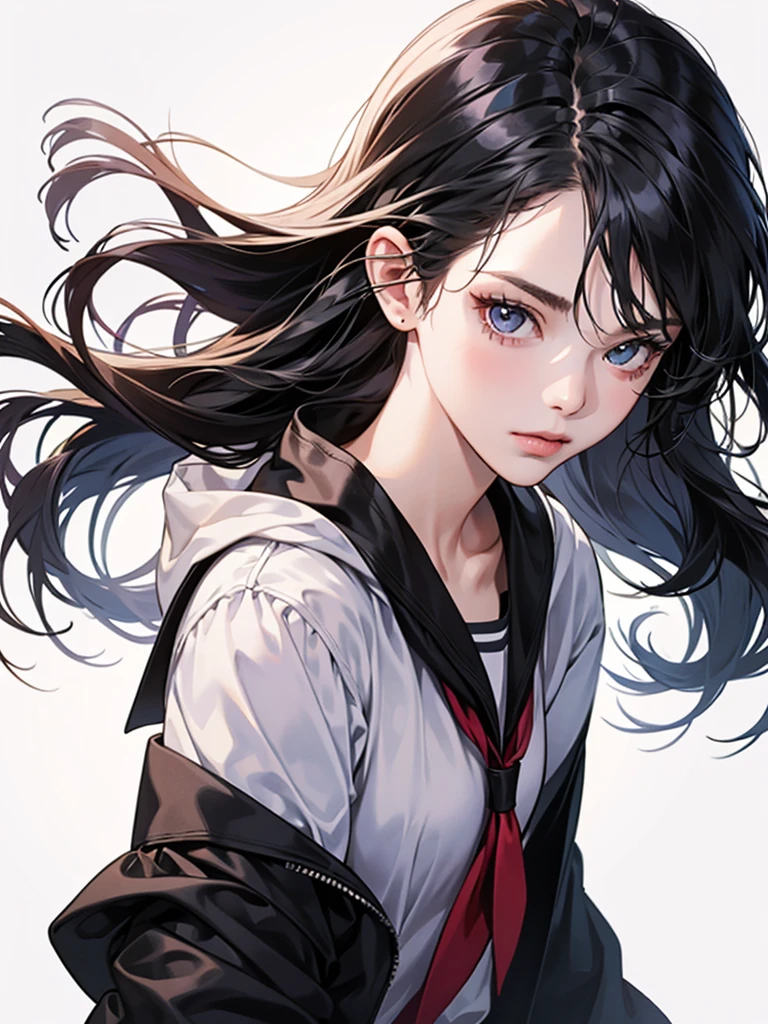 1 girl, female student, long hair, black hair, high resolution model, Highly detailed, Half-body picture, white background