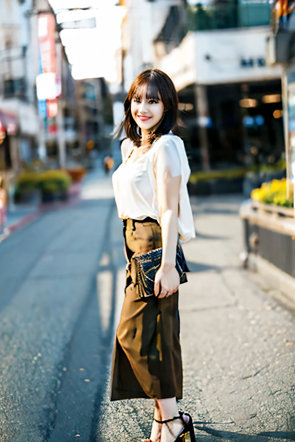 Saito Marine, Japanese, , so beautiful, Big eyes, Brown eyes, 20-year-old, Look forward, smile, Beautiful Skin, Bob Cut Hair, Blowing in the wind, Bangs that reach the eyebrows, Watery eyes, hair ornaments, Normal swollen breasts, Cleavage, Decorative blouse, Tight Skirt, Panty shot, Big Ass, stockings, High heels, bag, Shopping Street, looking at the camera, Full body portrait, Detailed photo high quality, 3d, 8k,