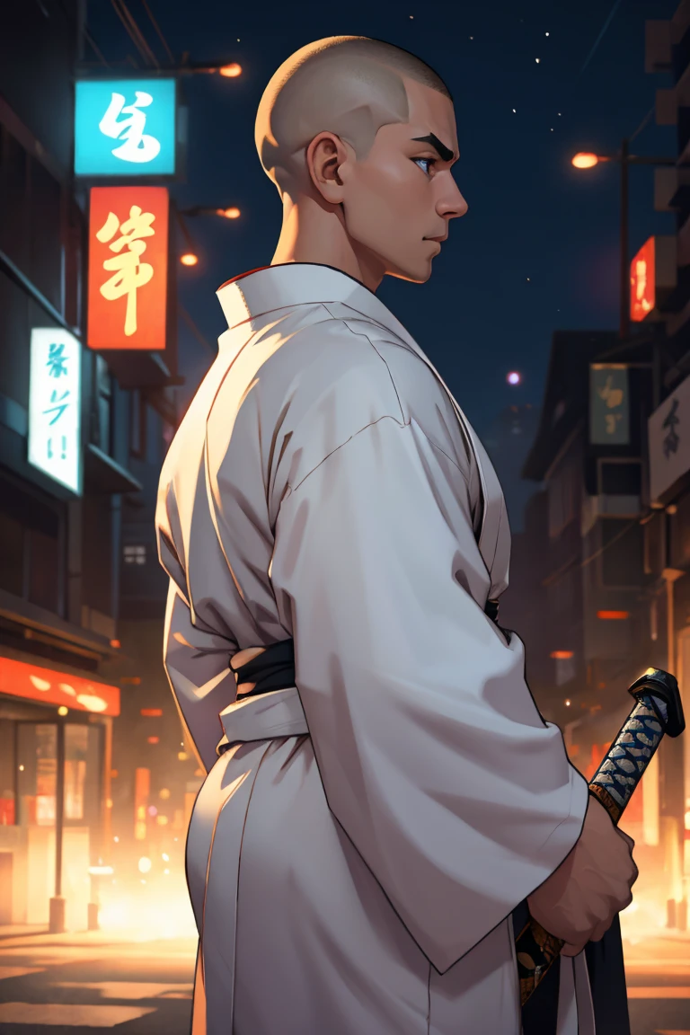 (SFW),((1 man has a katana in each hand:1.8,two beautiful katana:1.6,)),night city:1.0,(8k,masterpiece:2.0,anime:1.6,realistic:1.4,best quality,ultra high resolution,ultra-detailed,beautiful illstration),((1 man is 30years old,muscle:1.2,back to the viewer,buzz cut:1.2,white kimono:1.4,black hakama:1.5)),