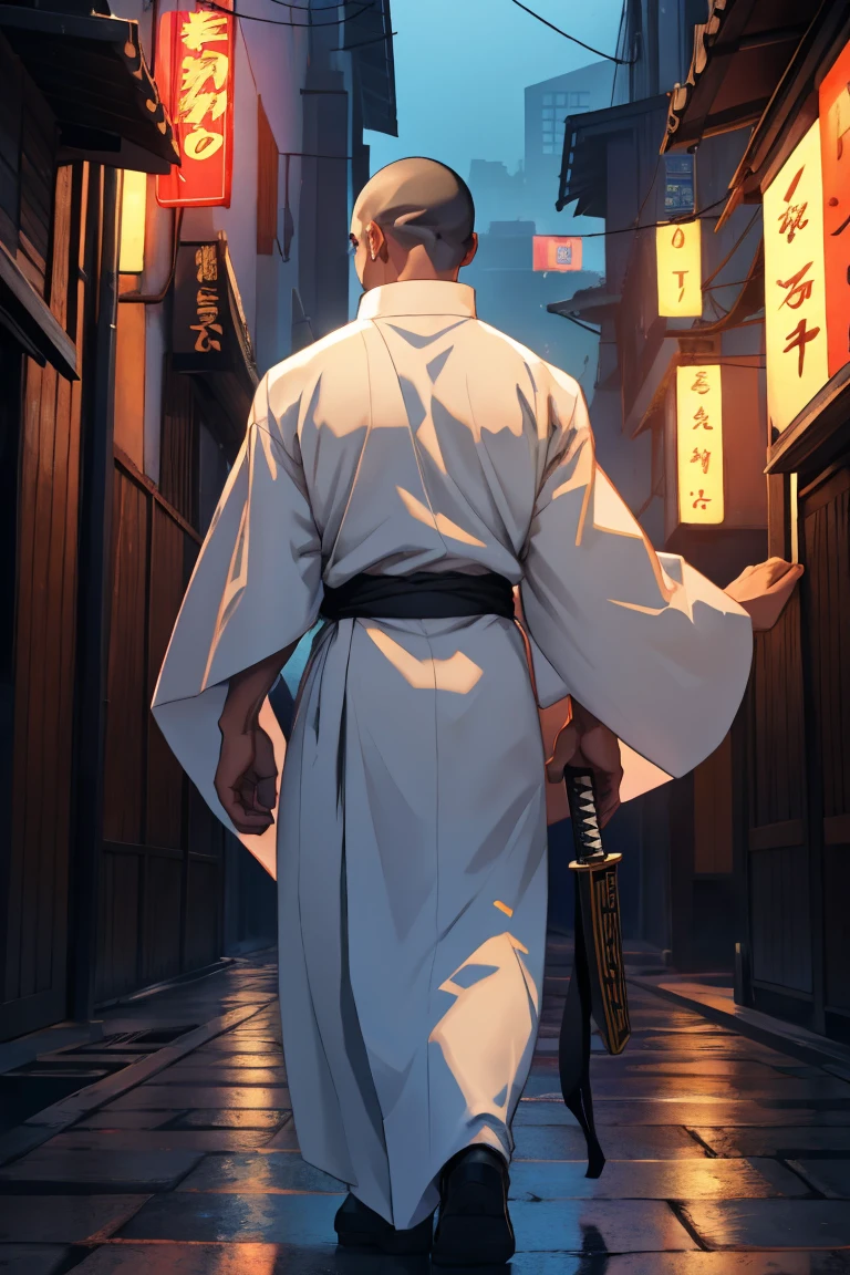 (SFW),((1 man has a katana in each hand:1.8,two beautiful katana:1.6,)),night city:1.0,(8k,masterpiece:2.0,anime:1.6,realistic:1.4,best quality,ultra high resolution,ultra-detailed,beautiful illstration),((1 man is 30years old,muscle:1.2,back to the viewer,buzz cut:1.2,white kimono:1.4,black hakama:1.5)),
