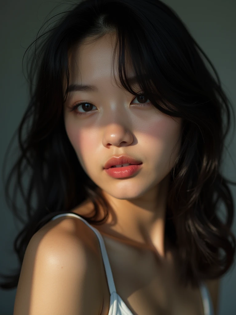 (Model shooting style), (shy), Lonely, Shiny black hair、 Extremely rich facial detail, Beautiful Eyes, [Chubby], cute, Slightly red cheeks，bright, Lonely Eyes, Stunning beauty, (Rembrandt Lighting), ARRI Lenses, Surreal, (Skin with attention to detail:1.2),8k,ARRI ALEXA 35,White Promist, Dramatic Rim Light, high quality,Very delicate and beautiful, wonderful, In detail, masterpiece, Very detailed, High resolution,Best Shot, Best Shadow,Complex,Sharp focus, high quality, 1 Japan woman, alone.cute,Beautiful body、Flexible muscles、Beautiful ass、Lens flare,No sleeve,Beautiful breasts,Swallowtail butterfly,A butterfly flutters,Cool eyes,Glossy Lips,smile,Glowing Skin,Transparent skin,Track and field athlete from behind、Cinematography, Portrait Photography, 