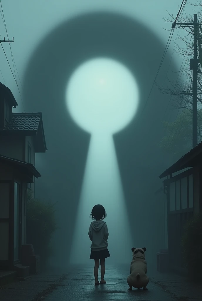 A small Japanese residential area shrouded in morning mist、A large, blurry black keyhole forms in the mist.、A young elementary school girl with glasses standing nearby, looking surprised.、A pug and French bulldog mix、Creepy、Creepy、Very detailed、Cinematic lighting、Dramatic colors、Moodyな雰囲気、(Highest quality、4K、8k、High resolution、masterpiece:1.2)、Super detailed、(Real、Photorealistic、Photorealistic:1.37)、Dramatic lighting、Dark Shadows、Moody、mysterious、Surreal、Creepy