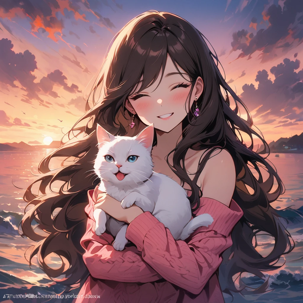 1girl, cat, holding cat, holding animal, long hair, smile, holding, closed eyes, animal, brown hair, jewelry, solo, blush, sunset, ring, white cat, outdoors, long sleeves, ocean, upper body, watermark, facing viewer, sky, sweater, water, earrings, artist name, bare shoulders, ^ ^, pink sweater style 1