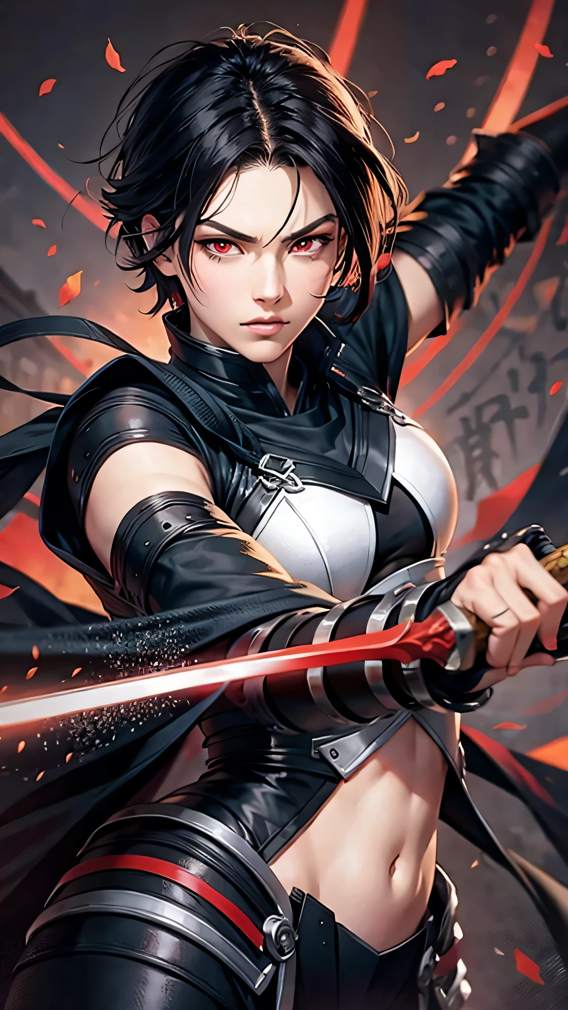 最high quality、Best image quality、masterpiece、male((18-year-old、slender、Stubble、Holding a sword、Ninja clothing、Red eyes、Cool hairstyle、Black Hair、Fighting Pose))high quality、Beautiful art、background((Tokyo,Neon Town)),Tabletop、Exquisite design、Visual Arts、Written boundary depth、Best lighting、Highest detail、8k