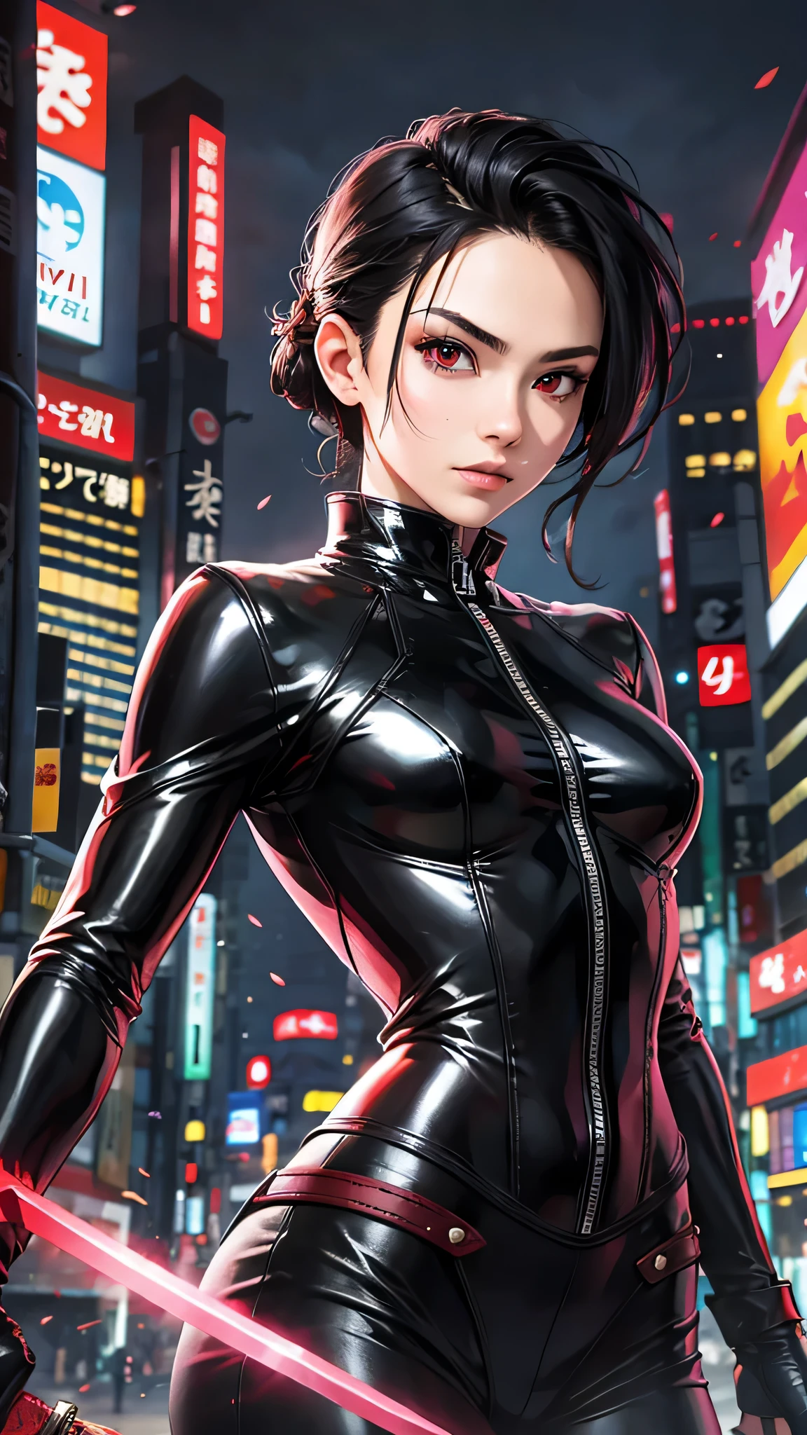 最high quality、Best image quality、masterpiece、male((18-year-old、slender、Stubble、Holding a sword、Ninja clothing、Red eyes、Cool hairstyle、Black Hair、Fighting Pose)）high quality、Beautiful art、background((Tokyo,Neon Town)),Tabletop、Exquisite design、Visual Arts、Written boundary depth、Best lighting、Highest detail、8ｋ