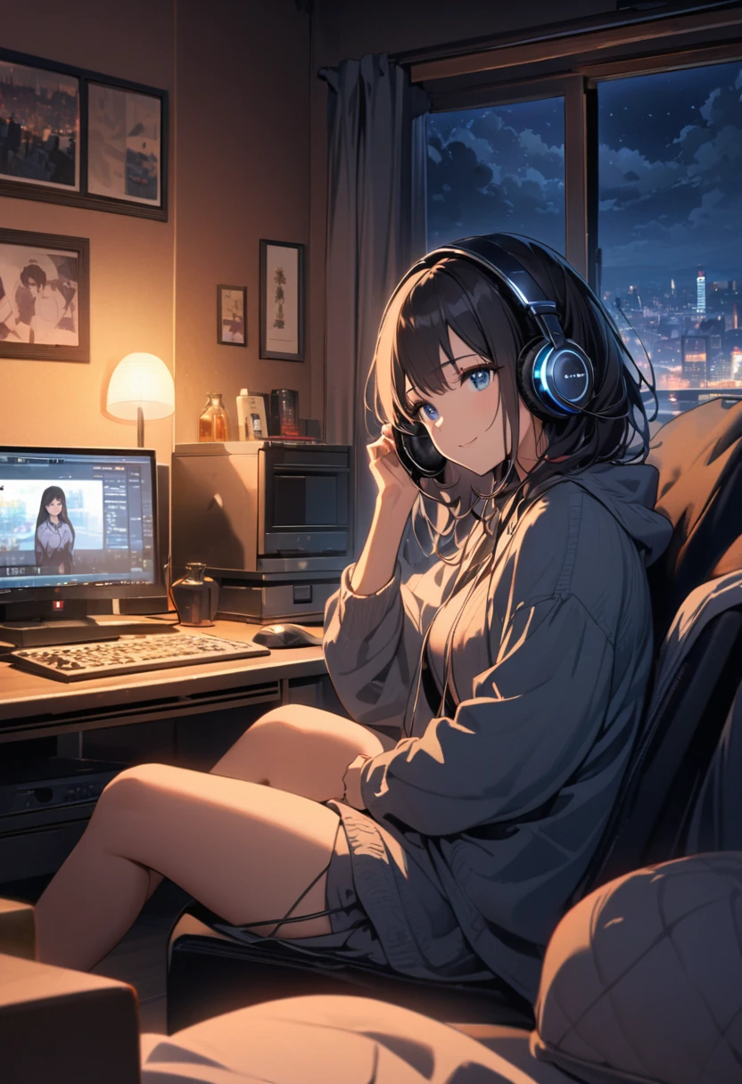 A beautiful woman, alone, A gentle smile on her face, Black Hair, blue eyes, Beautiful depiction,A woman sitting in front of a computer in a cozy bedroom, A woman listening to music in a cozy room (night), Use headphones, (beautiful night views from windows), City,Very detailed