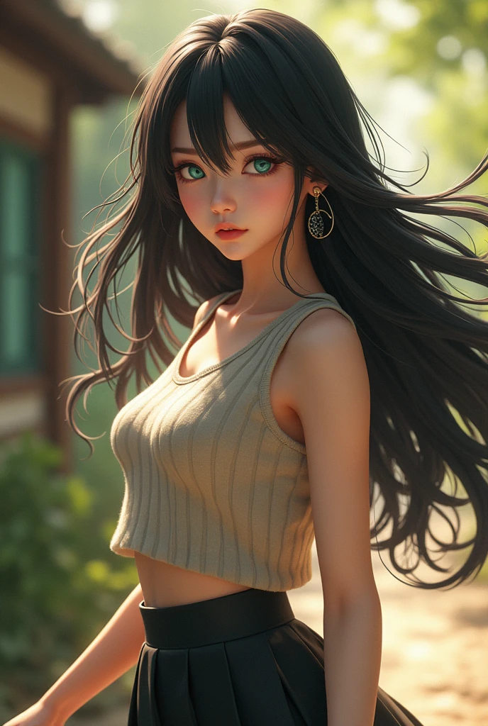One person, Excellent anatomy, masterpiece, Highest quality,Realistic, hyperRealistic, 16k hdr,, Perfect Face, Beautiful eyes and face, Textured skin, Absurd, High resolution, Wazakufu, Long Hair, Magatama earrings, school uniform, (Yumeko Snake Eater), Large Breasts, Antenna Hair, Black Hair, Aqua Eye, Sweater vest, Are standing, Outdoor,Education, (Strong winds:1.2), Floating hair, Natural light,Erect nipples,From below,(Micro Panties:1.2),(Sweat:1.2),(Spread your legs:1.2),belly button,(Fighting Pose:1.5)