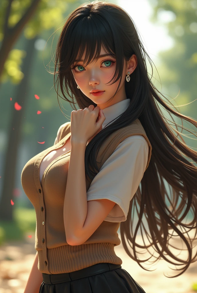 One person, Excellent anatomy, masterpiece, Highest quality,Realistic, hyperRealistic, 16k hdr,, Perfect Face, Beautiful eyes and face, Textured skin, Absurd, High resolution, Wazakufu, Long Hair, Magatama earrings, school uniform, (Yumeko Snake Eater), Large Breasts, Antenna Hair, Black Hair, Aqua Eye, Sweater vest, Are standing, Outdoor,Education, (Strong winds:1.2), Floating hair, Natural light,Erect nipples,From below,(Micro Panties:1.2),(Sweat:1.2),(Spread your legs:1.2),belly button,(Fighting Pose:1.5)