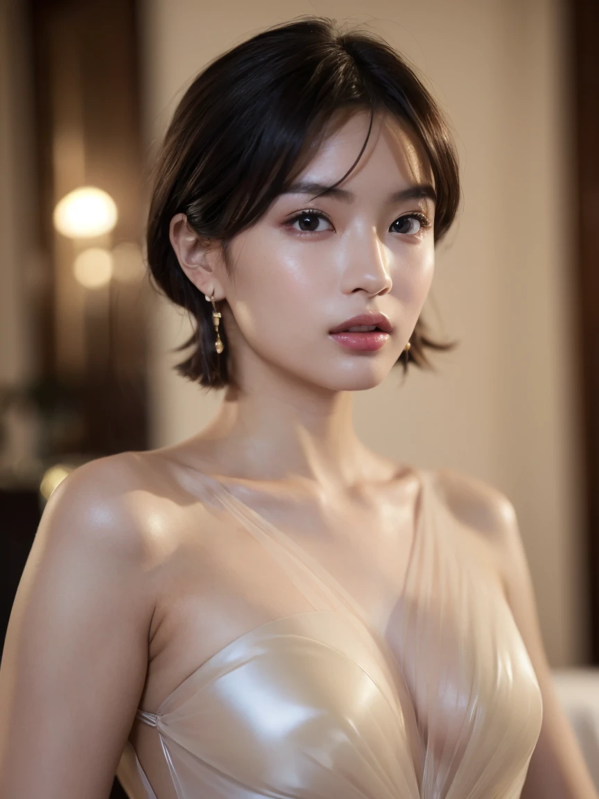 (masterpiece:1.2), Very detailed, Ultra-high resolution, (Realistic, photo Realistic:1.6), High-resolution RAW color photos, Professional photos, Sharp focus:1.2, (Very detailed顔と肌の質感, Very beautiful eyes, Glossのある肌, Glowing Skin, Glowing Skin, Shining Face, Gloss, Oily skin, greasy face, Oily skin, greasy face,), (real Glossのある肌 texture), Perfect Anatomy, Very detailed背景,(A party at a super luxurious hotel),1 female,25-year-old woman, Japanese women,height: 168cm,short hair, Straight hair, bangs, Brown Hair,((Flat Chest:1.6)),Slender legs, ((((High-end dresses from Paris Fashion Week、A gorgeous, luxurious party dress in a very sheer, see-through, skin-colored dress.:1.6)))),(((Completely naked:1.6)))、((Sexually stimulating))、Luxury earrings、Luxury Necklace