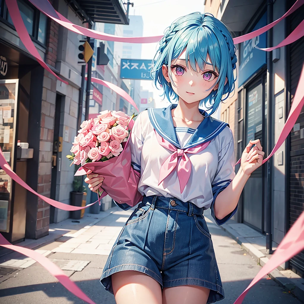 (Sky blue hair),(Braided Short Hair), (Pink Eyes),Fair skin) ,(whole body),(one person's),(Embarrassing),(The background is a school classroom,blackboard),(Heart-shaped chocolate),(I will pass it forward with both hands.),(Sailor suit),(Valentine's Day),(masterpiece, 最high quality, Very detailed, Best Shadow), (Detailed Background), (Beautifully detailed face), High Contrast, (Best lighting, Very delicate and beautiful), ((Cinematic Light)), Hyper Detail,8k, Dramatic Light, Intricate details,high quality