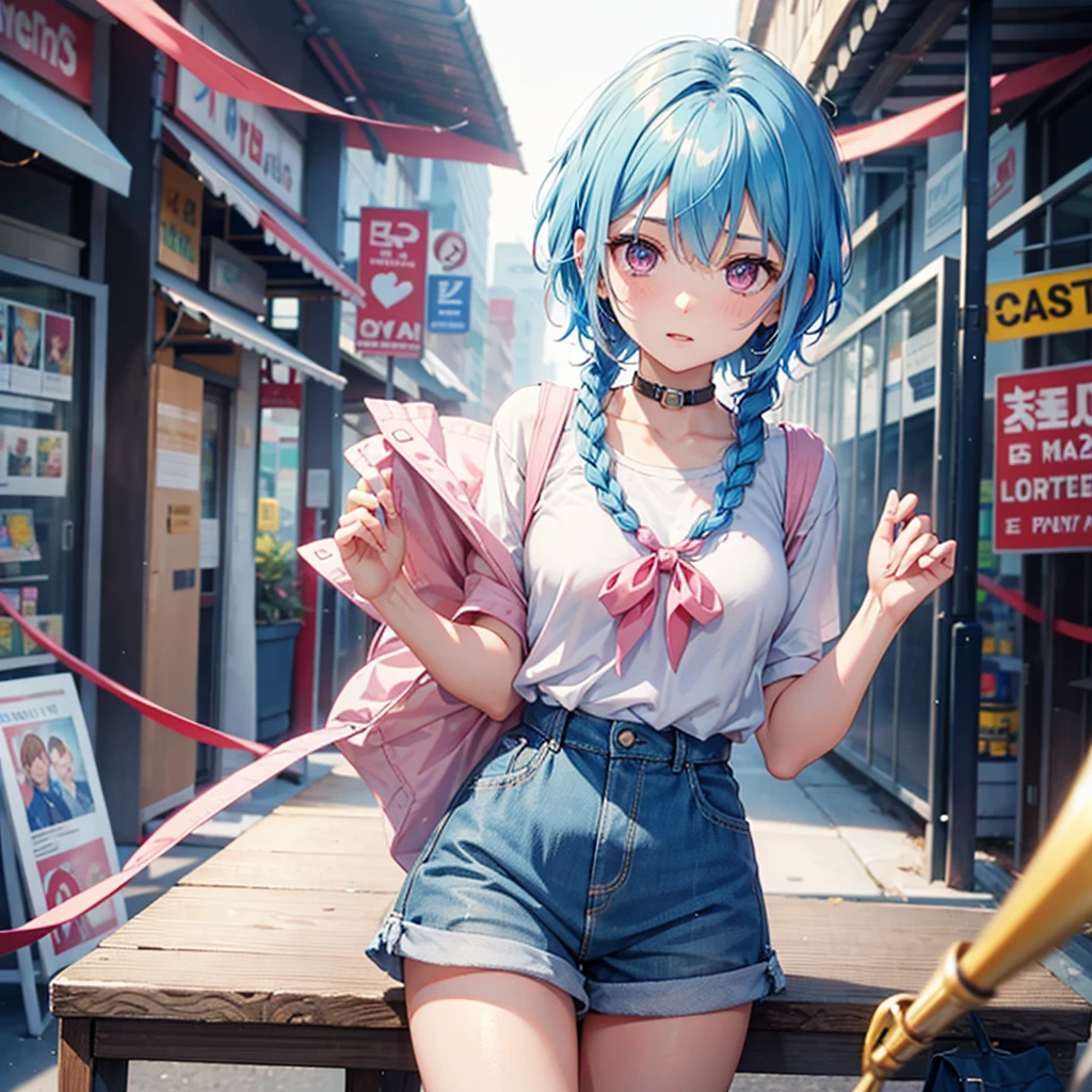 (Sky blue hair),(Braided Short Hair), (Pink Eyes),Fair skin) ,(whole body),(one person's),(Embarrassing),(The background is a school classroom,blackboard),(Heart-shaped chocolate),(I will pass it forward with both hands.),(Sailor suit),(Valentine's Day),(masterpiece, 最high quality, Very detailed, Best Shadow), (Detailed Background), (Beautifully detailed face), High Contrast, (Best lighting, Very delicate and beautiful), ((Cinematic Light)), Hyper Detail,8k, Dramatic Light, Intricate details,high quality