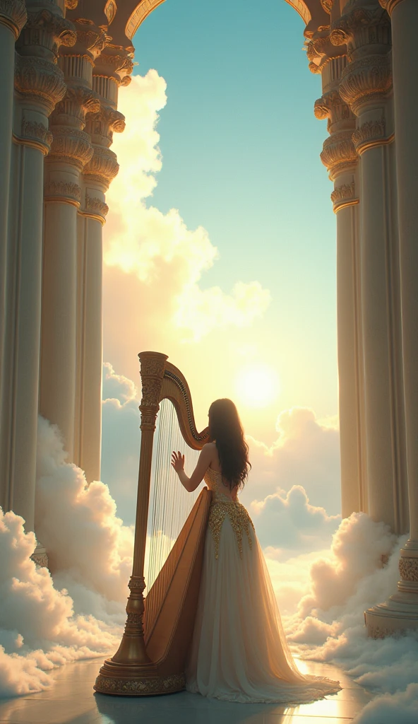 This image depicts a stunning, ethereal scene that looks like a blend of fantasy and reality. playing the harp woman, is standing with her back facing the viewer, adorned in an elegant, flowing gown with intricate gold accents. The setting appears to be a grand palace or temple suspended in the clouds, with tall, ornate columns and arches that frame a breathtaking sky filled with light and clouds. The overall ambiance is serene and majestic, evoking a sense of divine or heavenly presence. The lighting is soft and radiant, enhancing the dreamlike quality of the scene., cinematic photo, 35mm photograph, film, bokeh, professional, 4k, highly detailed