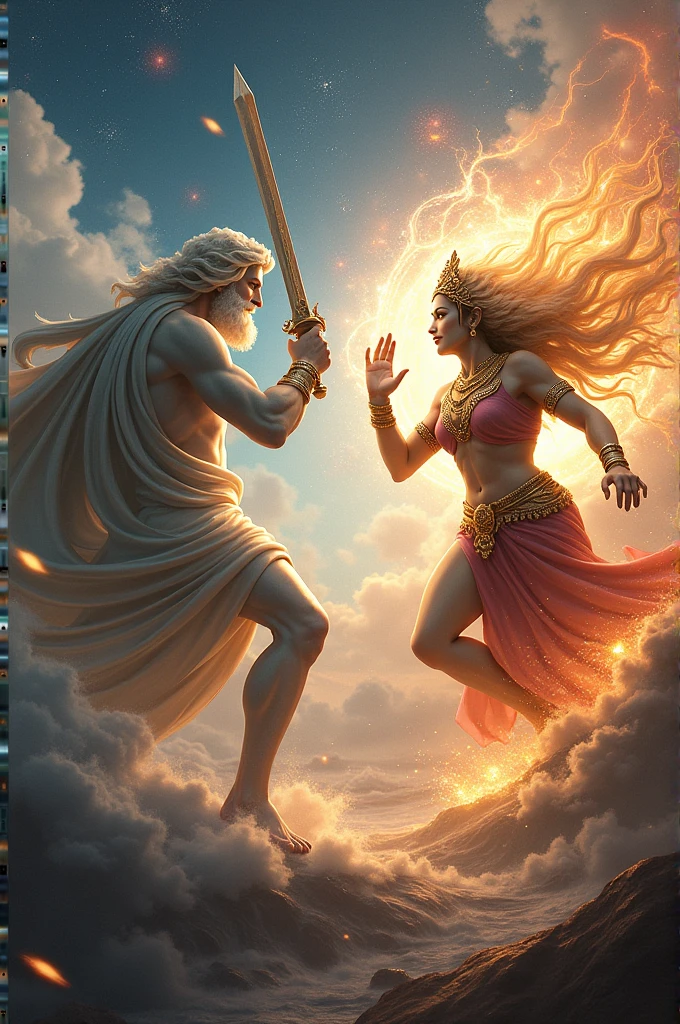 Male shaman and a female yogini, sacred rebels. He is muscular, broad, bald, bearded. She is blond, long haired, voluptuous, large breasts, fitness model, hourglass body, toned with abs, a lot of hippie style ethnic jewelry, scantily clad in tones of pink and white. Psychedelic picture of a very attractive couple, sparks flying, polarity, spiritual.