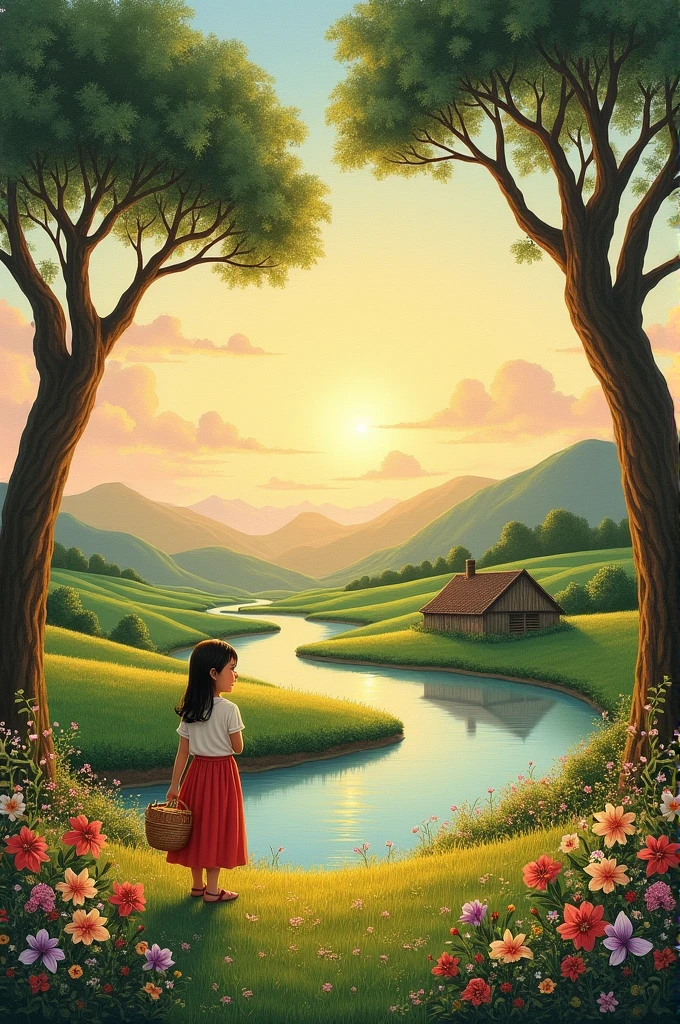 Easy Canvas painting, medium size, Sunset, clouds, grass, plants, large trees, river, little mountains, small hut on a river side,must be a hand painting look, a girl on left side in a flower garden with a basket in hand, soft colors