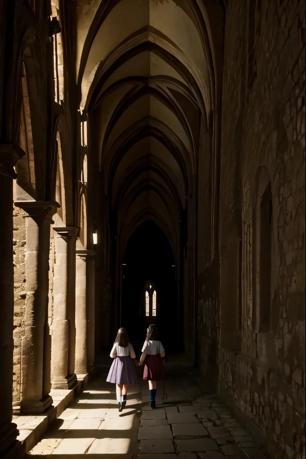 two fifteen year olds and a nine year old girl exploring an abbey, dark atmosphere, spooky place, darkness, eerie shadows, ancient ruined medieval frescoes on the walls