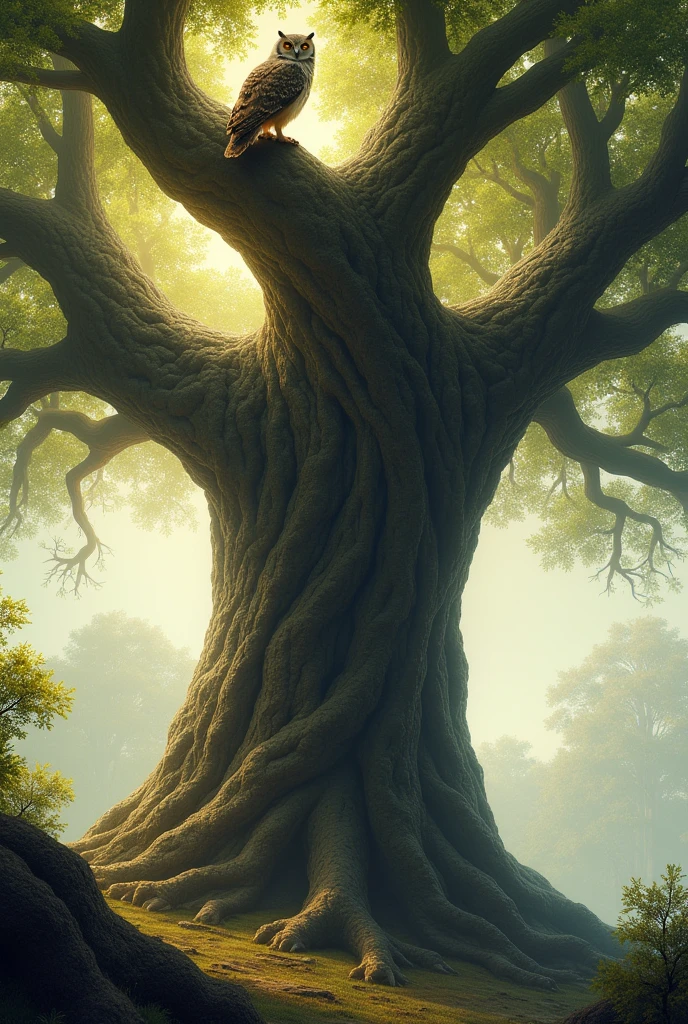 sublime, An ancient tree with a wise owl perched high above, soaked in dappled sunlight