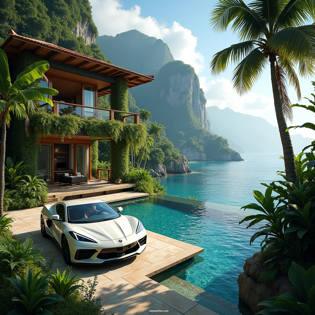 Create a beautiful villa in the jungle with a beautiful view of the sea and the garden, everything should be beautifully luxurious. A beautiful car 