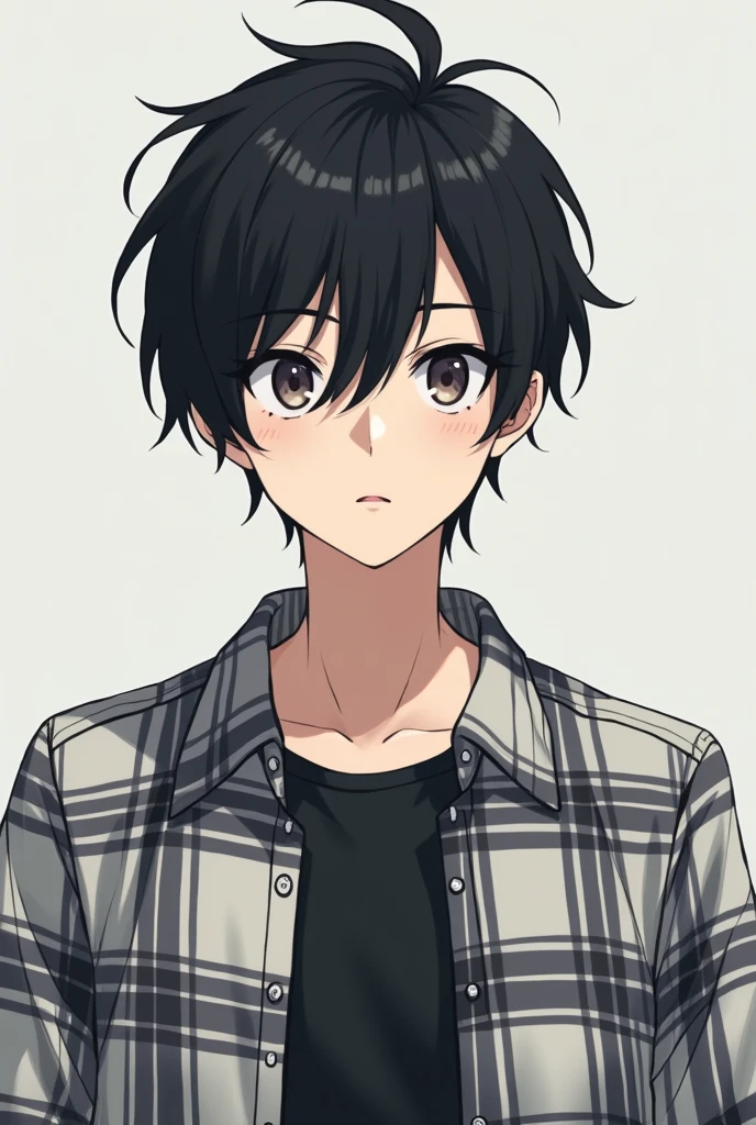 20-year-old white anime boy, wearing an open casual plaid button-down shirt with a regular shirt underneath, Yuta Okkotsu's hair from Jujutsu Kaisen, Front photo