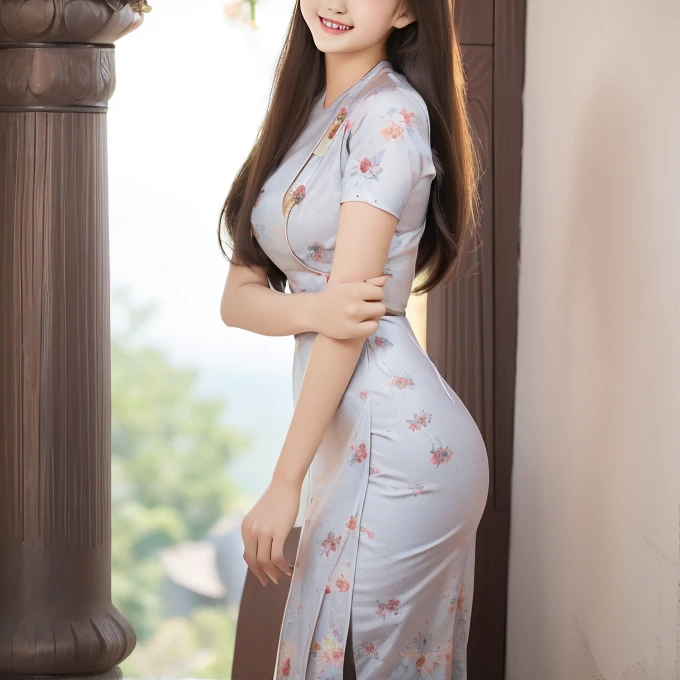 Burmese girl A smiling face with attractive curvy full body. Friends full-length bikini, (♥️ dress) reflective long dress painted with flower patterns, only dress. hi gh hips High resolution High resolution natural background High resolution HD 3D, 8K cartoon anime