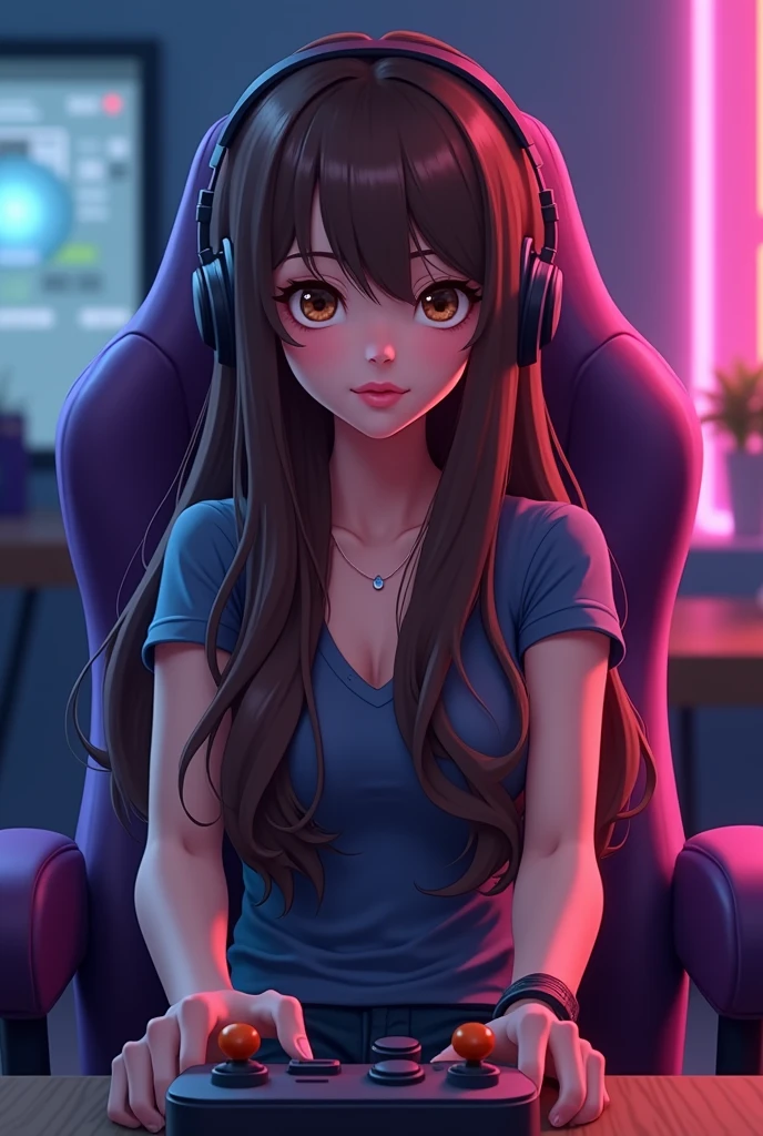 avatar , brunette with long hair, Brown eyes, with joystick, sitting in a purple gaming chair