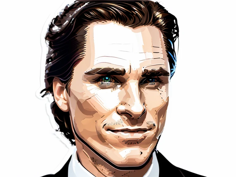 t-shirt designer, stylized modern vector art, (white background), vector, design, (a close-up of a man in a suit making a face), Patrick Bateman), in American Psycho (1 9 9 9),, ,,(Christian Bale), smug smile.(minimalist),.few details,colors (black and white).(sticker)