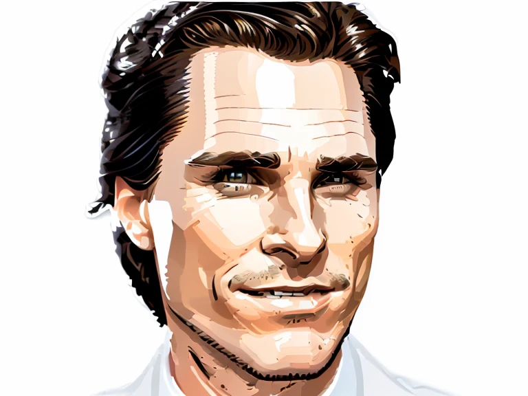 t-shirt designer, stylized modern vector art, (white background), vector, design, (a close-up of a man in a suit making a face), Patrick Bateman), in American Psycho (1 9 9 9),, ,,(Christian Bale), smug smile.(minimalist),.few details,colors (black and white).(sticker)