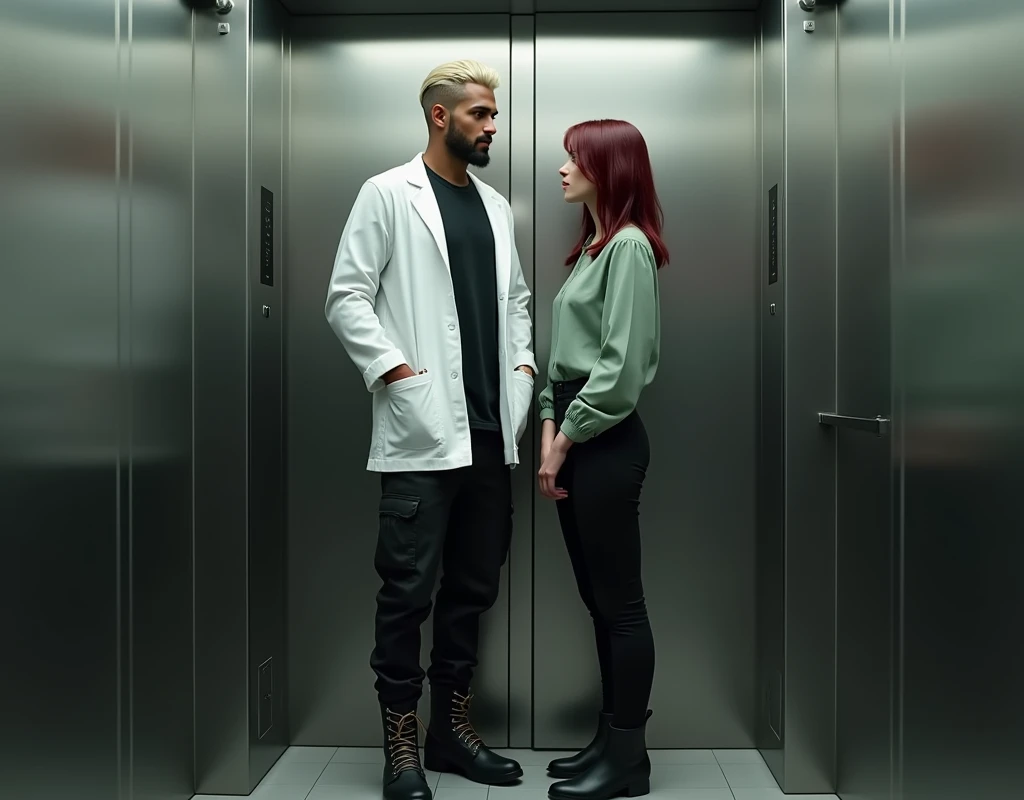 Attractive young Arabic man (216cm tall:1.6) with crew cut platinum blond wavy swept-back hair, dark skin, long black stubble, white lab coat over a black t-shirt, black cargo pants and black boots, standing inside elevator next to a young woman (170cm short:1.2) vibrant maroon side-parted long wavy hair, very pale skin, soft green silk work blouse, low-rise black pants and black boots, photorealistic, cinematic, 8k, high quality