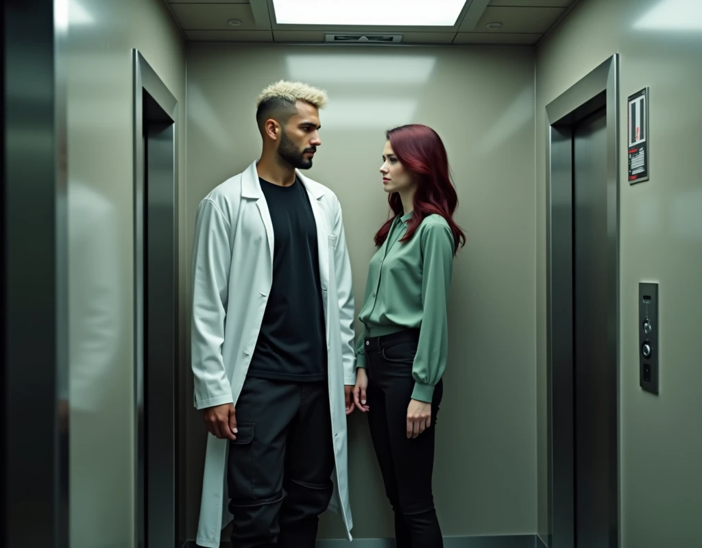 Attractive young Arabic man (216cm tall:1.6) with crew cut platinum blond wavy swept-back hair, dark skin, long black stubble, white lab coat over a black t-shirt, black cargo pants and black boots, standing inside elevator next to a young woman (170cm short:1.2) vibrant maroon side-parted long wavy hair, very pale skin, soft green silk work blouse, low-rise black pants and black boots, photorealistic, cinematic, 8k, high quality