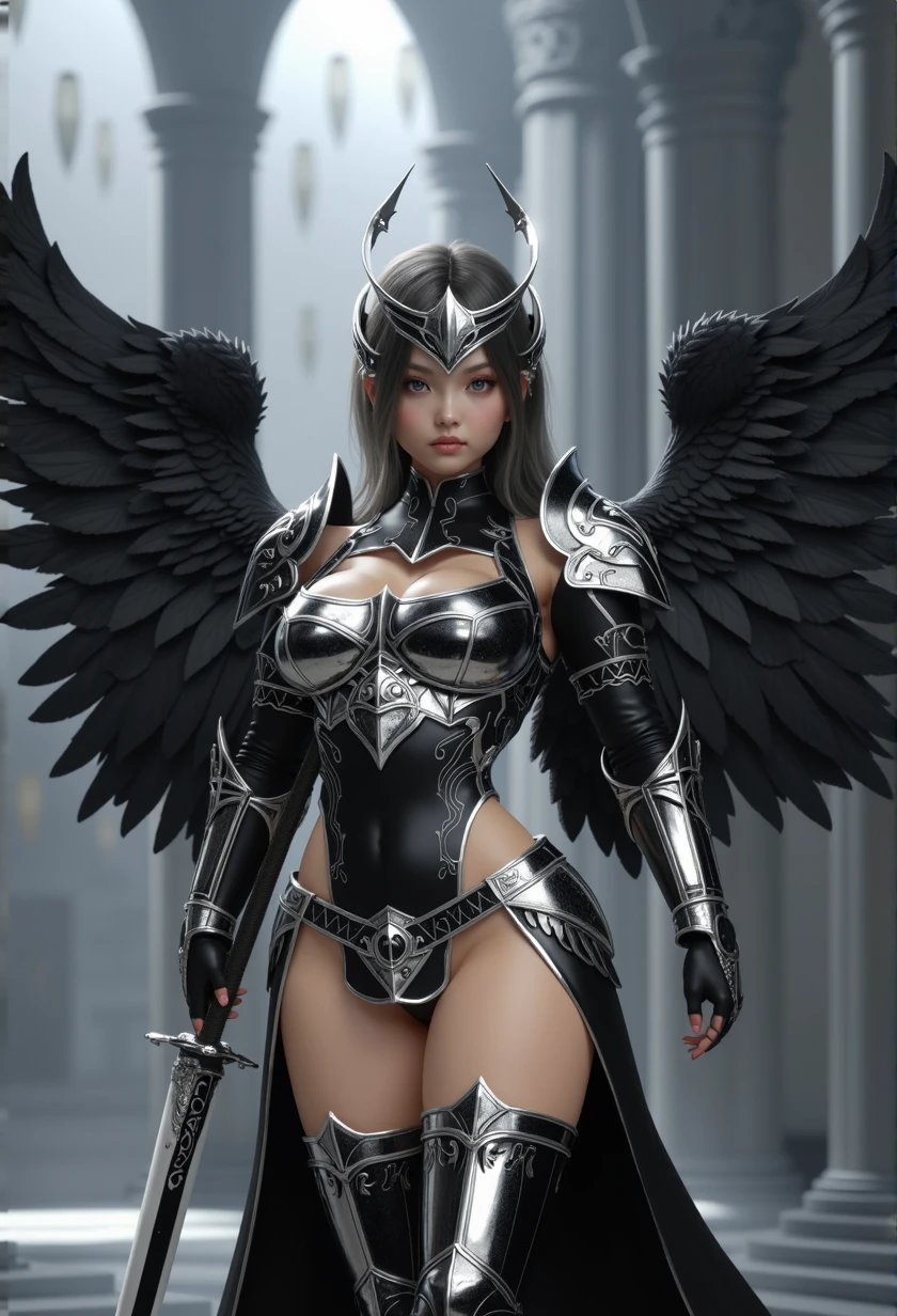 1fullbodyimage of a extremely cute Japanese young woman with albino skin and flowing hair, in a black and silver miniskirt outfit with wings wielding a katana, Beautiful round breasts, Glossy lips, Perfect abs, (Perspectiveal), Tight waist, Inner seam, hourglass body shape, navel, Blush, Voluptuous, huge breasts, tight top, beautiful dark angel girl, warrior angel, villainess has black angel wings, angel knight gothic girl, angel in glossy metallic black and silver armor, crown in armour, stuning fantasy 3 d render, angel knight girl, cinematic volumetric lighting, ultra realistic, shot with Sony Fx6
