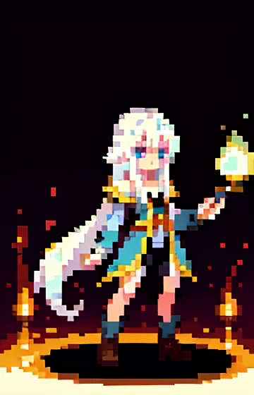 pixel art. A **************** with long white hair, dressed as a sorceress, holding a magical staff. She is standing in an ancient library with magical energy glowing around her. Her white hair flows elegantly, and ancient spellbooks are scattered around.