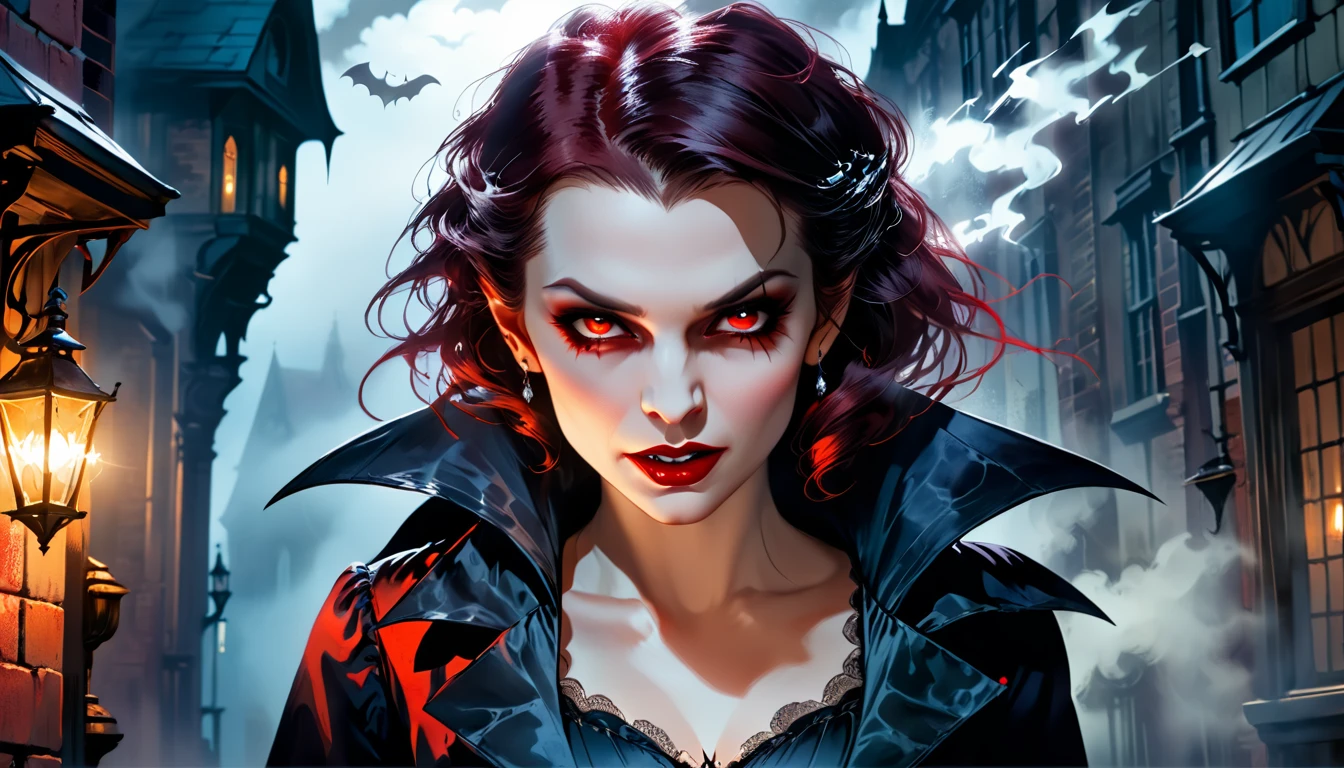 ((a female vampire's pair of glowing eyes shines)) close up picture, behind the mists and fog of the night, you see ((only the pair of eyes)), fantasy dark alley background, the fog fills the alley, you see only the glowing eyes, Dark Art Painting Style