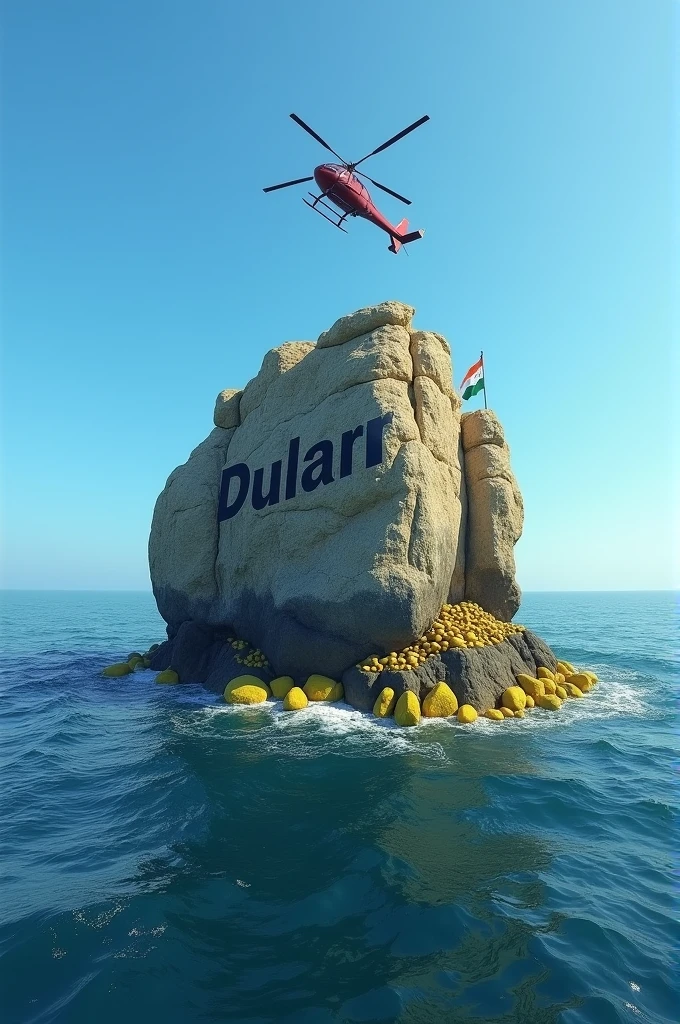 ((best quality)), ((masterpiece)), Create an image of a deep sea with a huge old rock in its middle, blue sky, a helicopter flying above it, the name Dulara written on the rock, yellow stones all around and the Indian flag fluttering behind the rock.