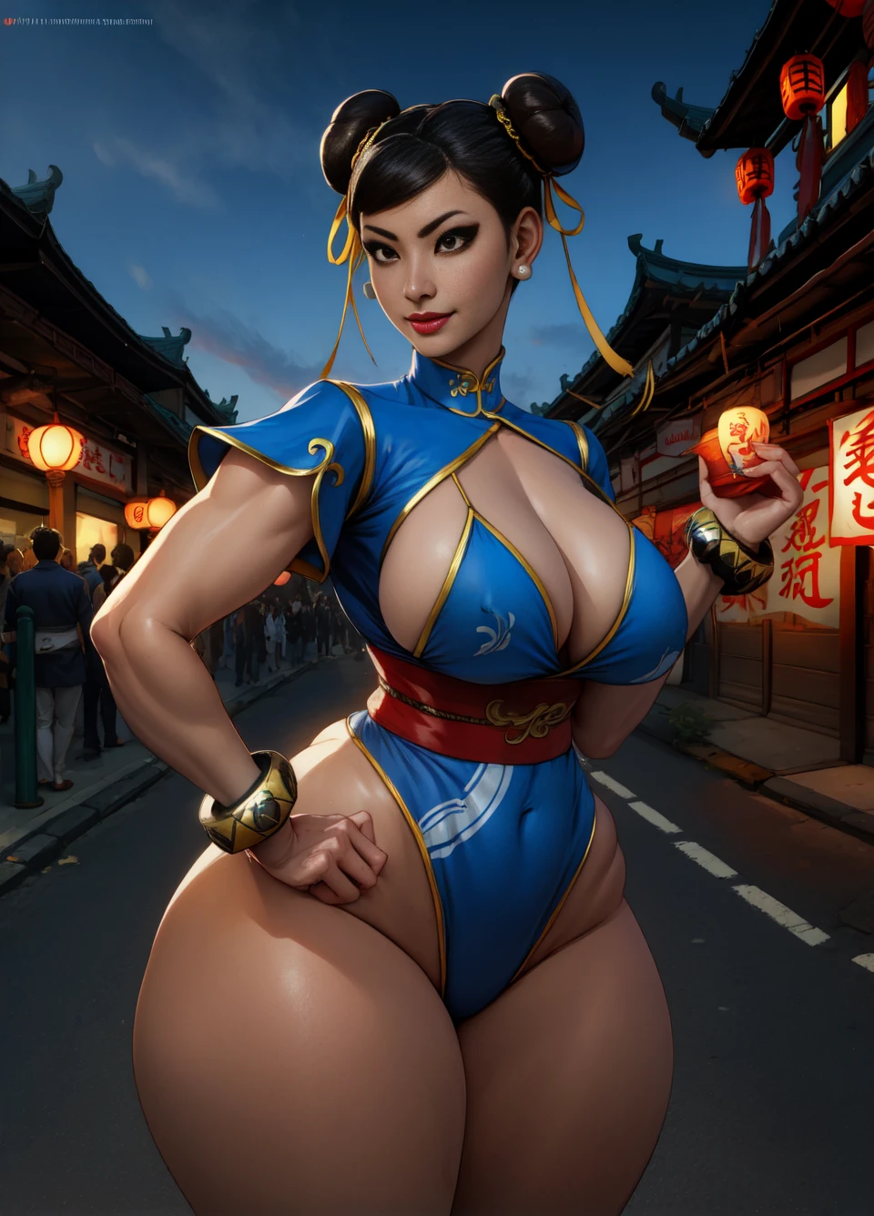Sexy chun li usando un babdoll, double bun, black hair, brown eyes, Ara-Ara
chinese clothes, micro bikini , spiked bracelet, bun cover, earrings ,
standing, tetona, con cintura delgada, enorme trasero, smile, sash,
chinatown, noche,
(insanely detailed, beautiful detailed face, beautiful detailed eyes, masterpiece, best quality),solo,