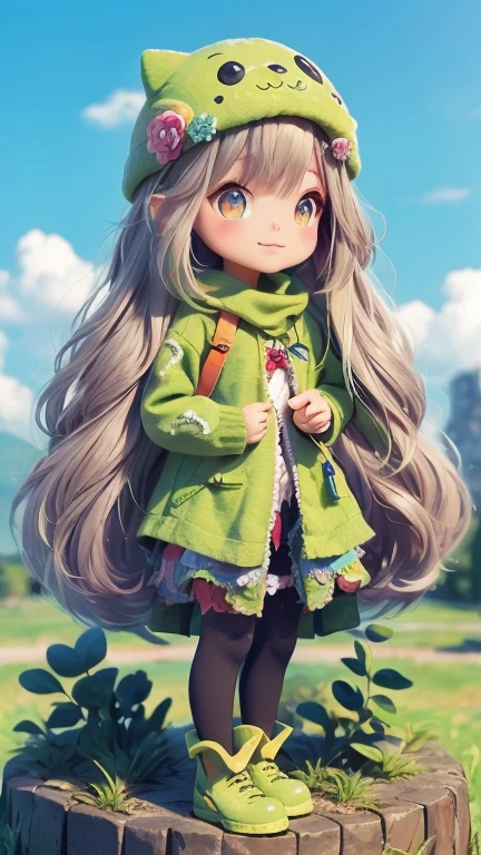 Highest quality, (masterpiece:1.2), figure, Absurd,  (One girl, alone), (Beautiful detailed),, Aeolian, Lilac hair, Long Hair, Red eyes, Medium chest,, Happy, Hilarious,, Green hat, Hats with feather ornaments, Green Dress, Green coat, (Fantasy:1.1) (Medieval:1.1) Costume, (black_pantyhose:1.1), White shirt, Brown shorts, Fleece lined boots, Brown boots,, Magical Forest, Flowers, Fairy Rings, ancient ruins, Stone ruins, lake, null, cloud